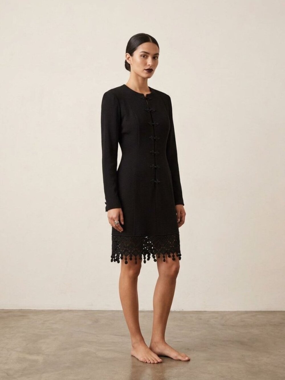 Valentino Miss V Vintage 90s Black Wool Crepe Dress Frog Closure Tassel Hem 12